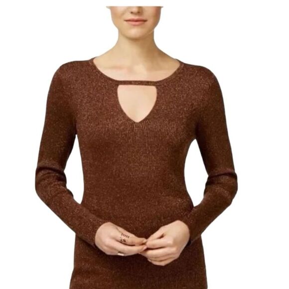 INC Brown Glitter Keyhole Sweater - Picture 1 of 7